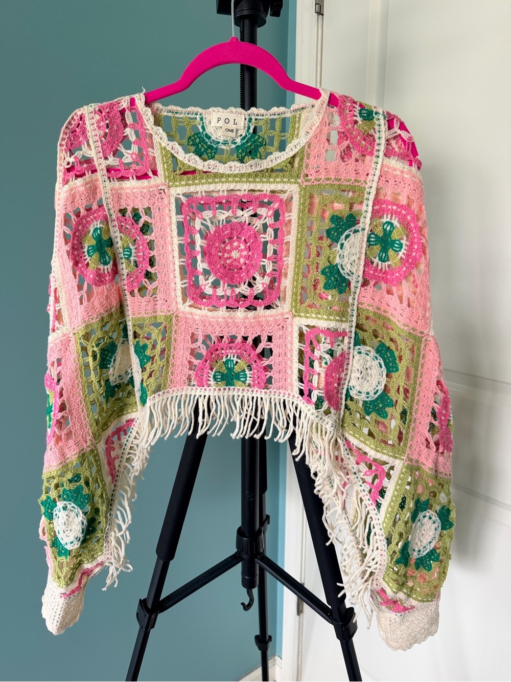 POL Crochet Open-Knit Fringe Poncho in Pink and Green NWOT
